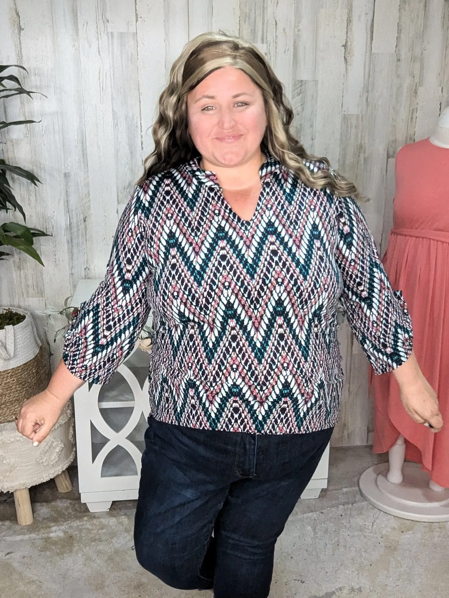 Scottie Vneck Blouse in Teal   Berry Zigzag