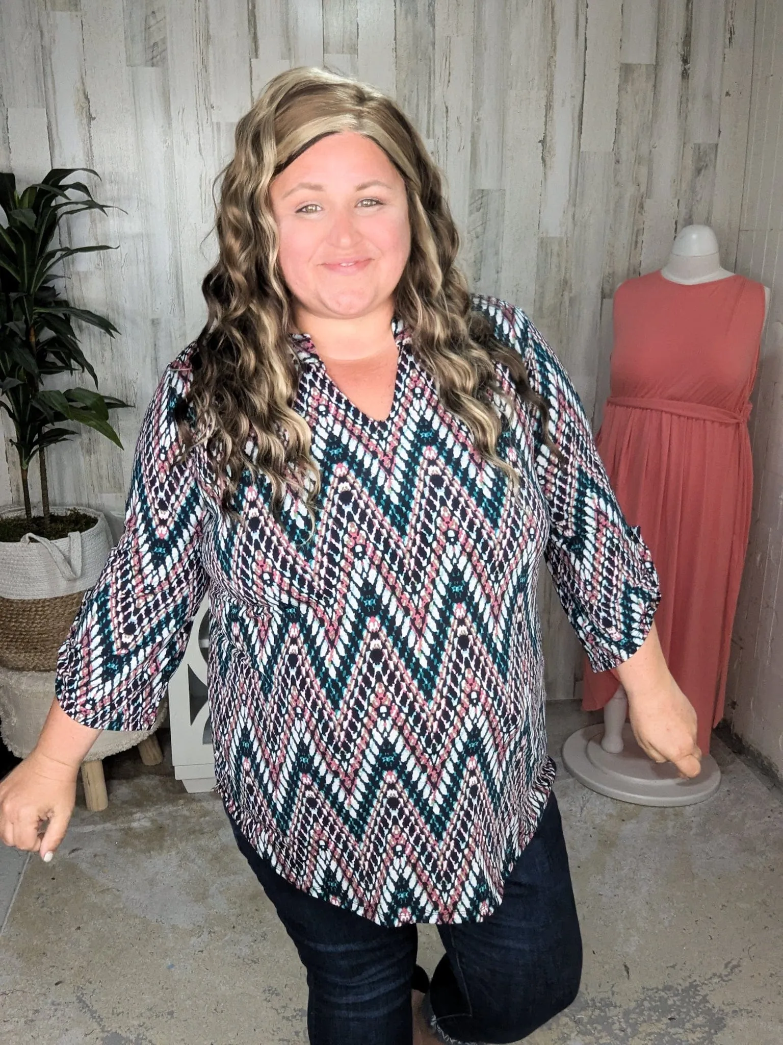 Scottie Vneck Blouse in Teal   Berry Zigzag