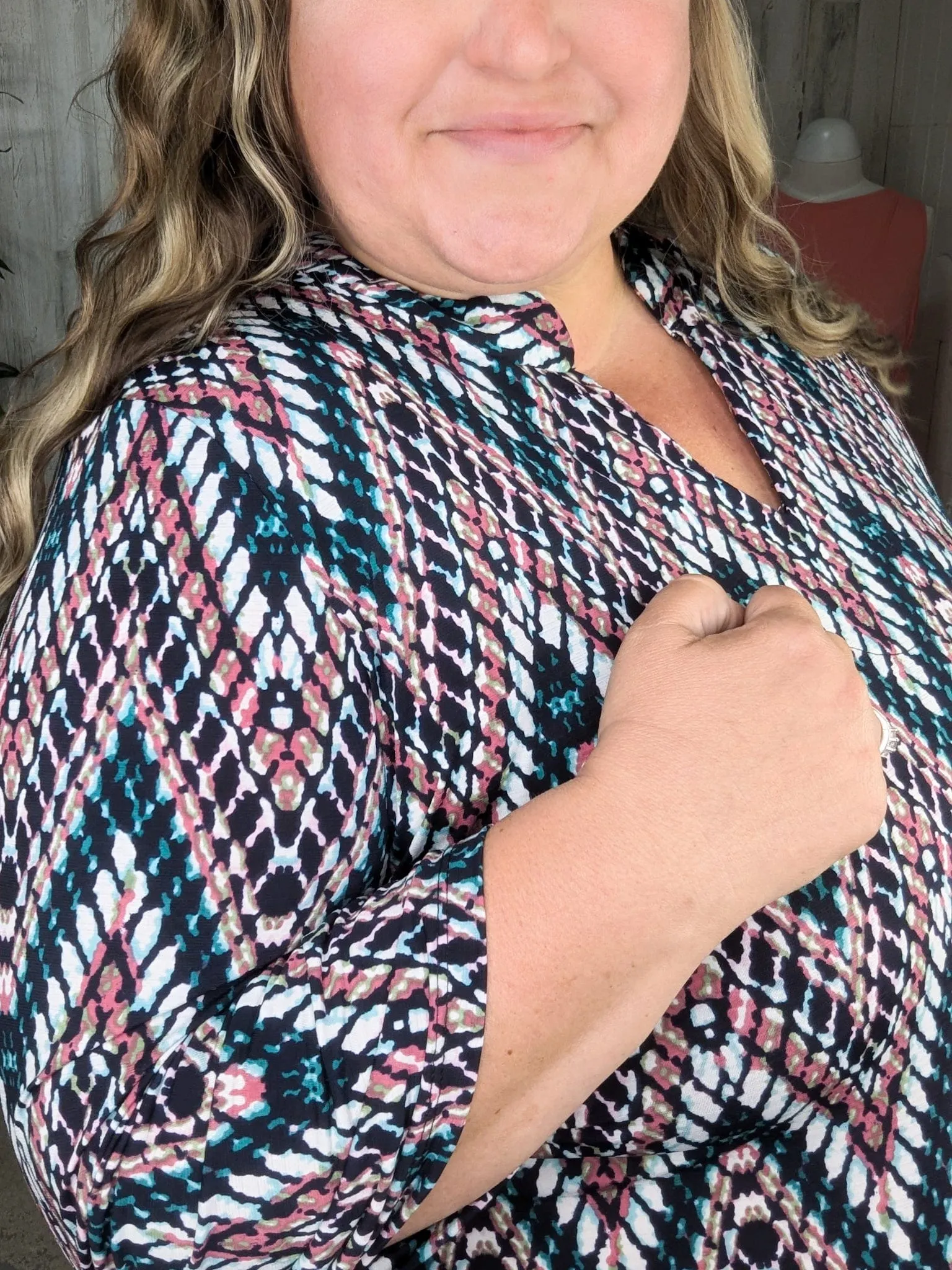 Scottie Vneck Blouse in Teal   Berry Zigzag
