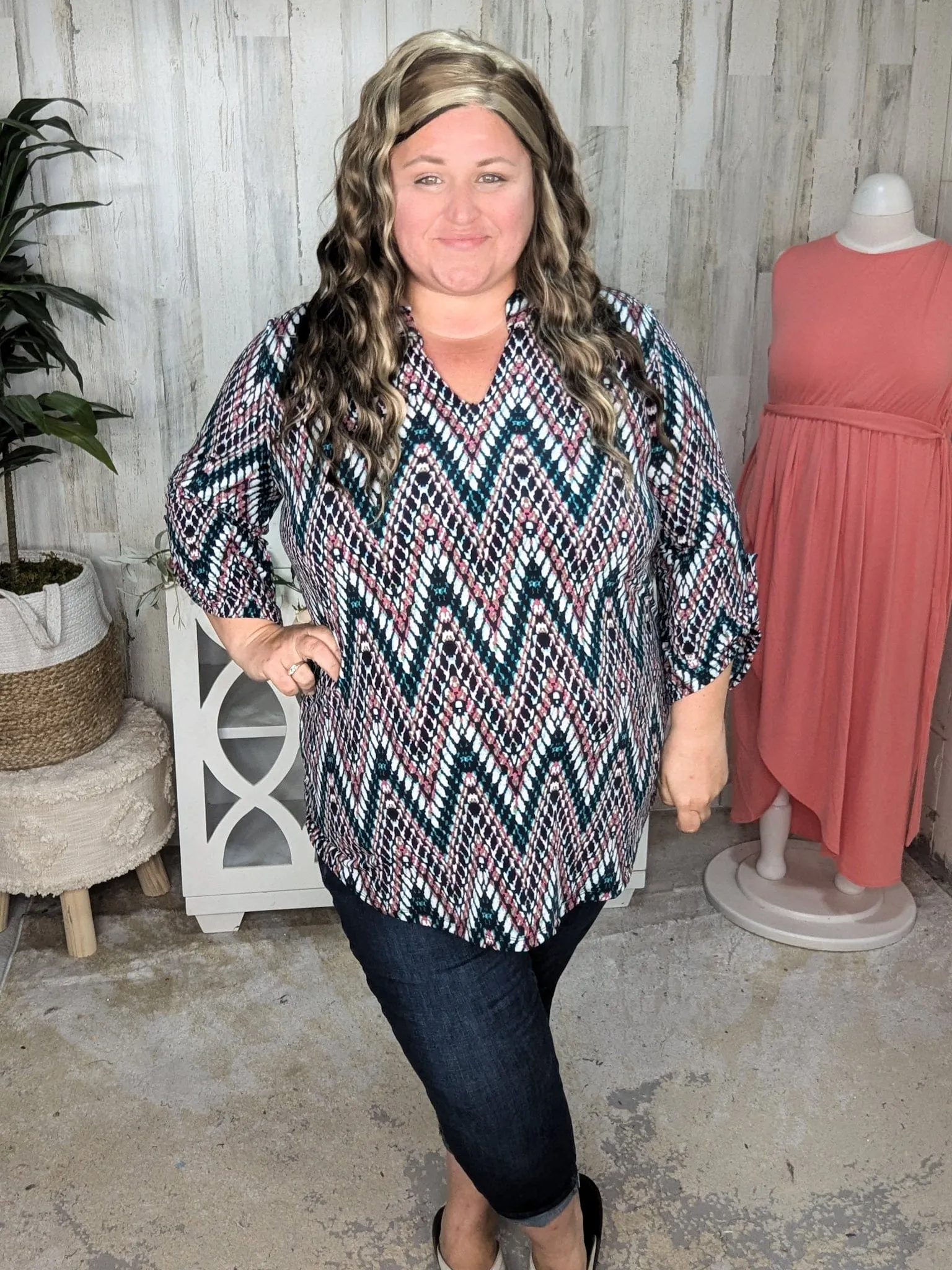 Scottie Vneck Blouse in Teal   Berry Zigzag