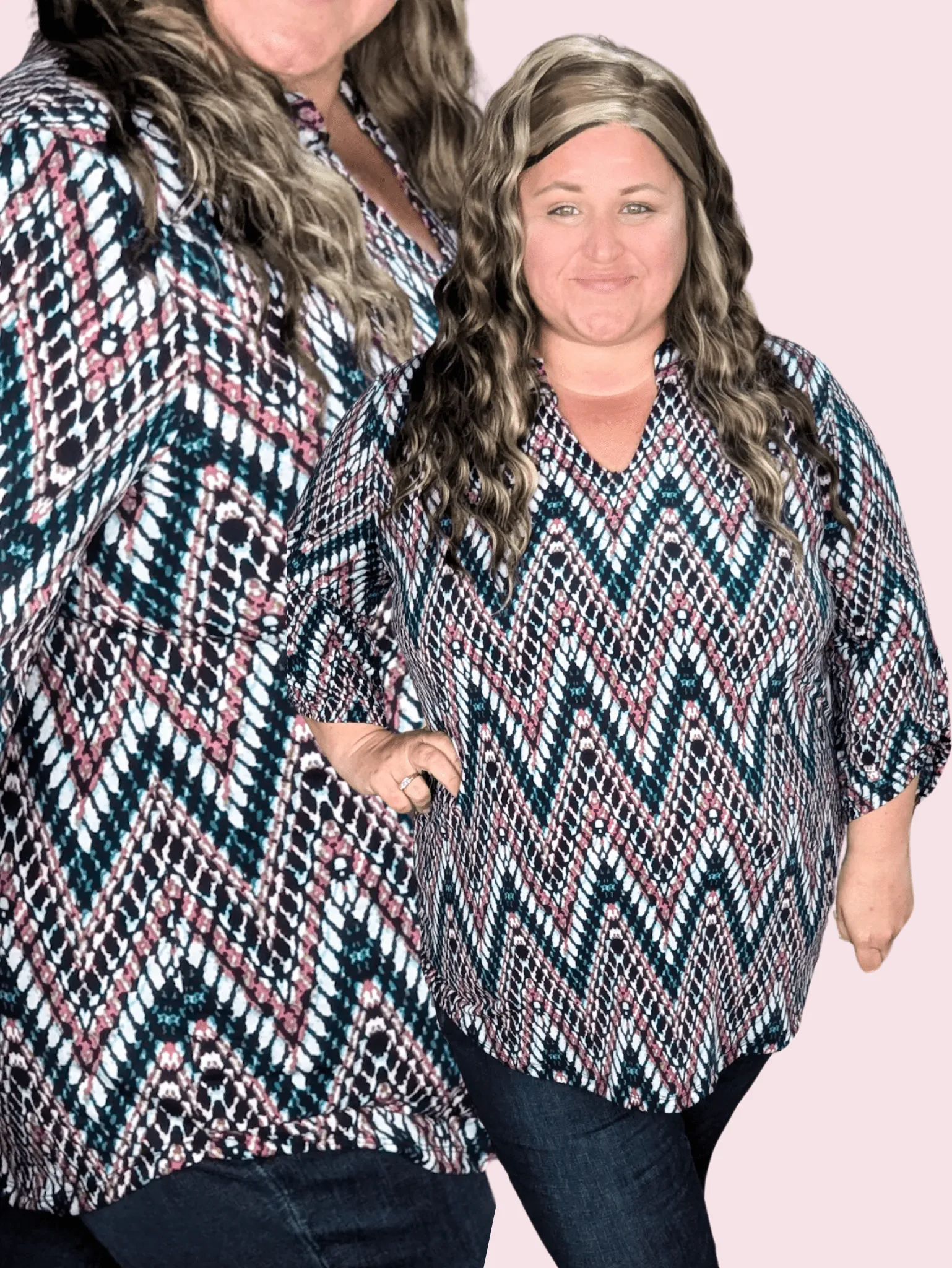 Scottie Vneck Blouse in Teal   Berry Zigzag