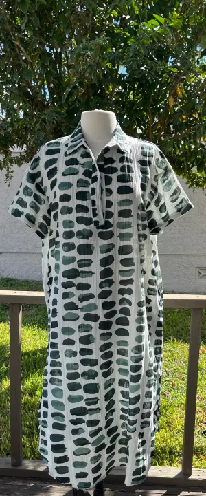 Shades of Green on White Cotton Dress