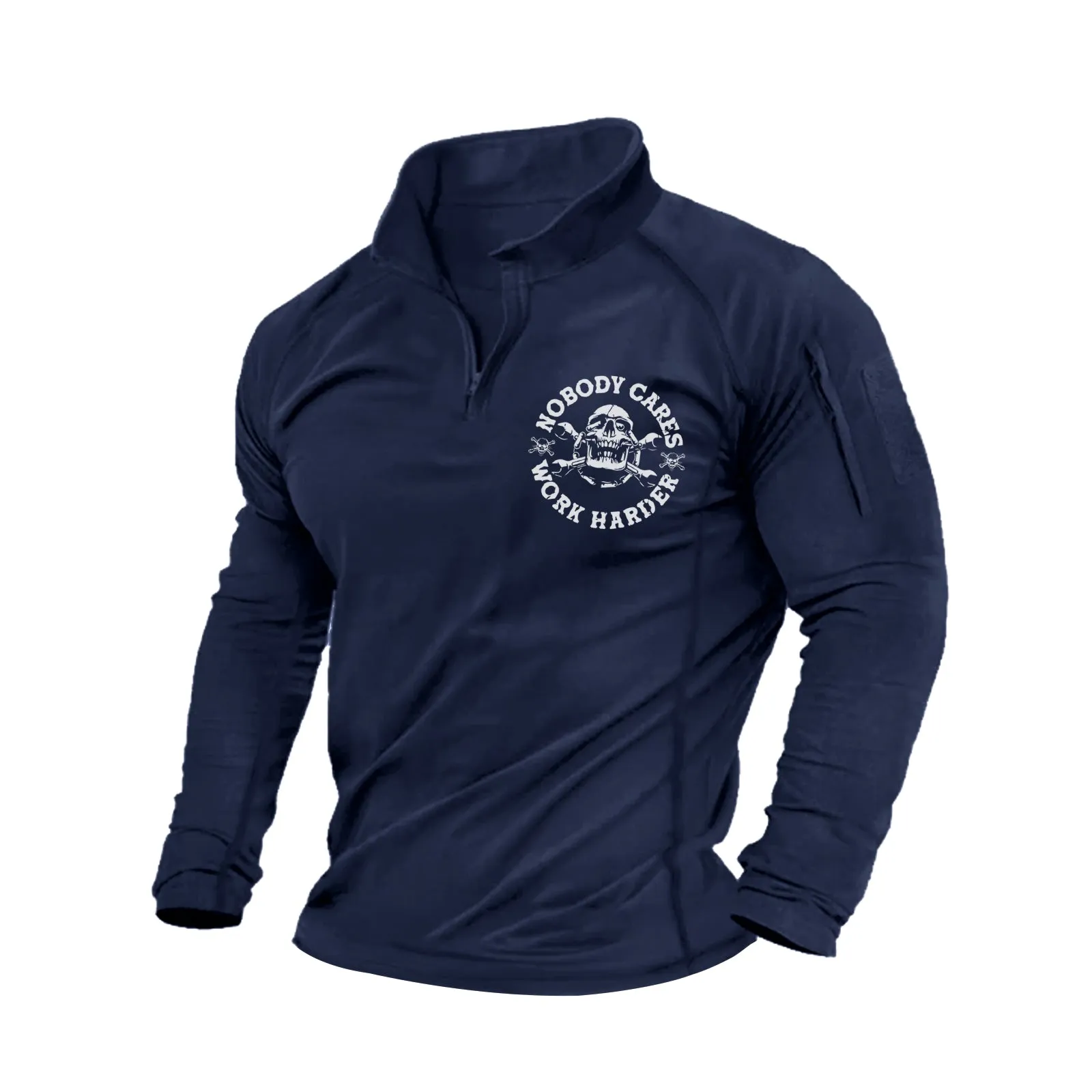 SKULL ZIPPER POCKET RAGLAN  GRAPHIC LONG SLEEVE STAND COLLAR T-SHIRT