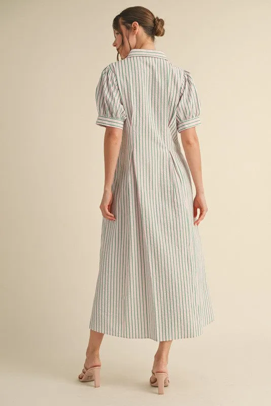 Striped Pint-tuck Flare Midi Dress