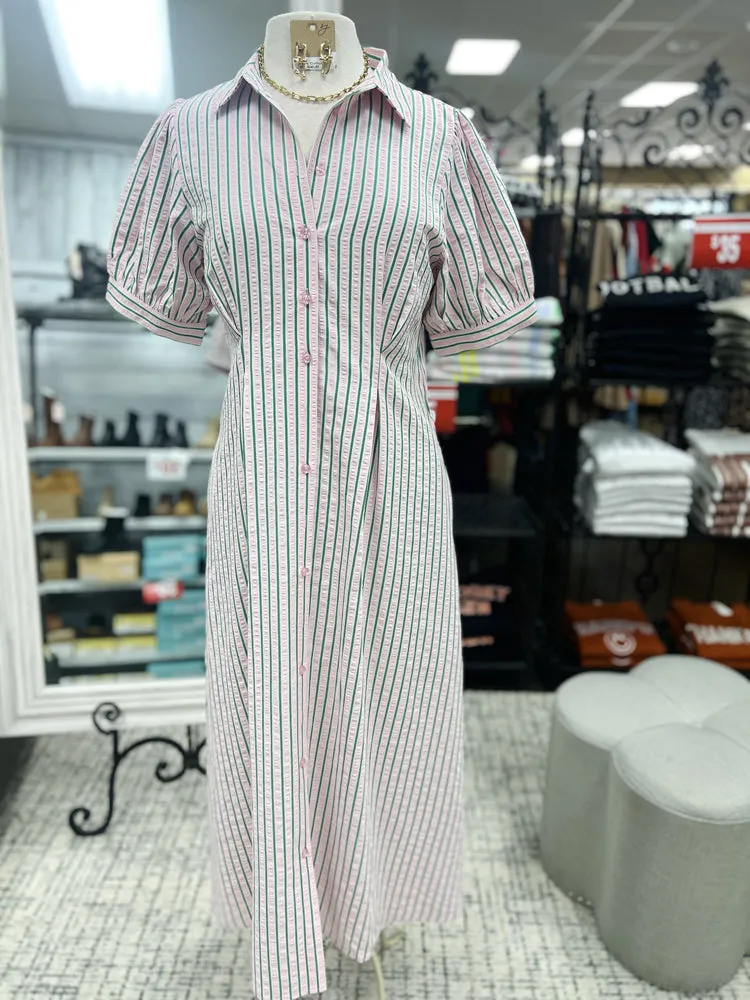 Striped Pint-tuck Flare Midi Dress