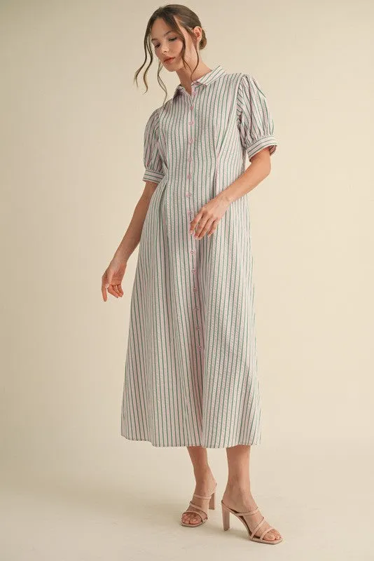 Striped Pint-tuck Flare Midi Dress