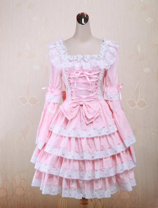Sweet Pink Lolita OP Dress Middle Sleeves with Lace Trim