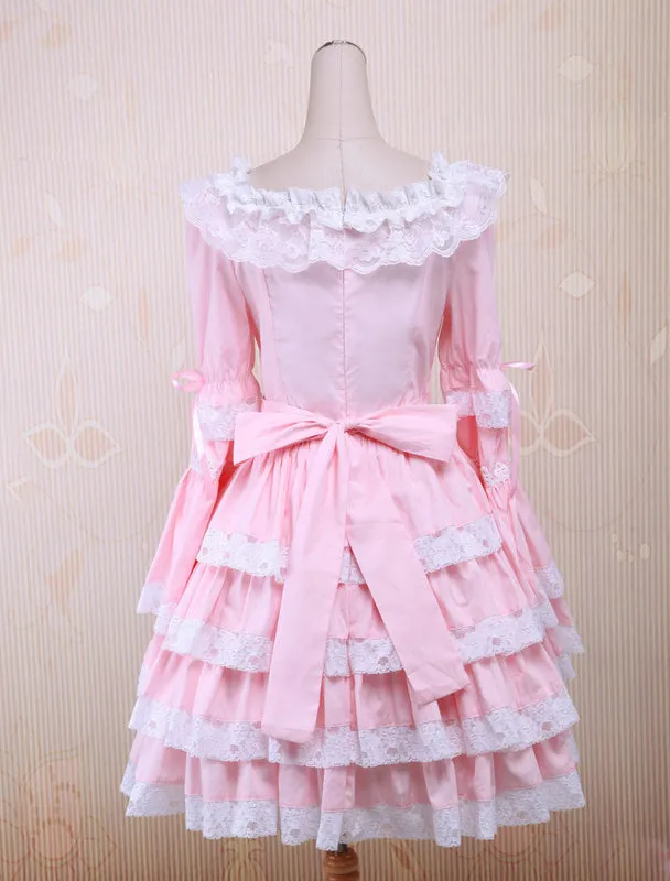 Sweet Pink Lolita OP Dress Middle Sleeves with Lace Trim
