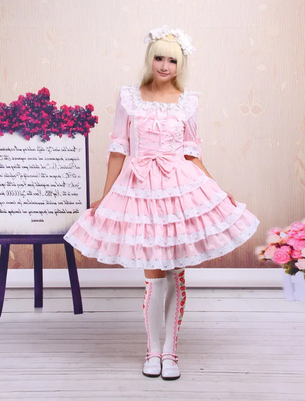 Sweet Pink Lolita OP Dress Middle Sleeves with Lace Trim
