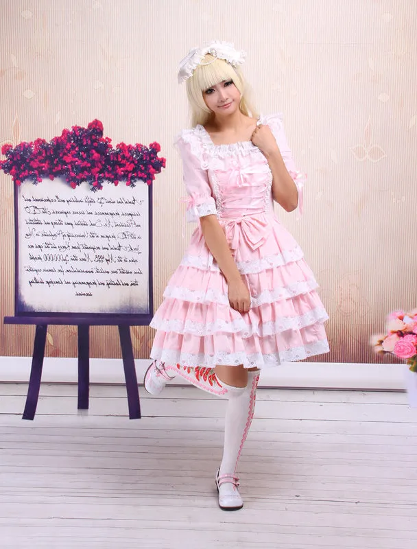 Sweet Pink Lolita OP Dress Middle Sleeves with Lace Trim