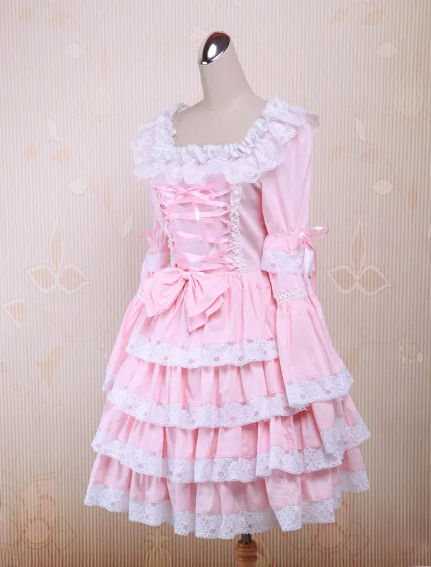 Sweet Pink Lolita OP Dress Middle Sleeves with Lace Trim