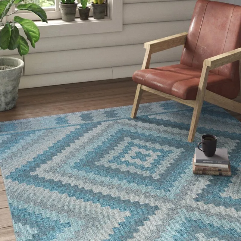 Temple Cloud Southwestern Blue/Grey Indoor / Outdoor Area Rug, 3ft 3 inch X 5ft 5 inch! Made in Belgium!