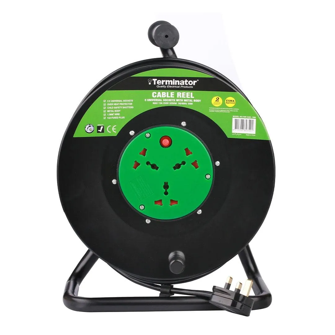 Terminator 3-Way Universal Extension Reel Socket with Heat Protector 50M - TER 3UM-50M
