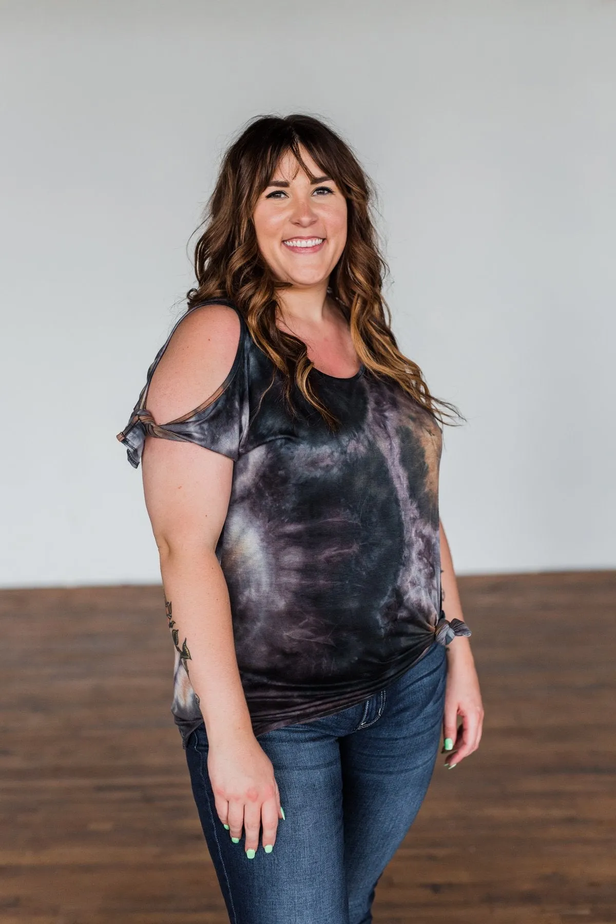 Thrill Of It Cold Shoulder Tie Dye Top- Navy & Brown
