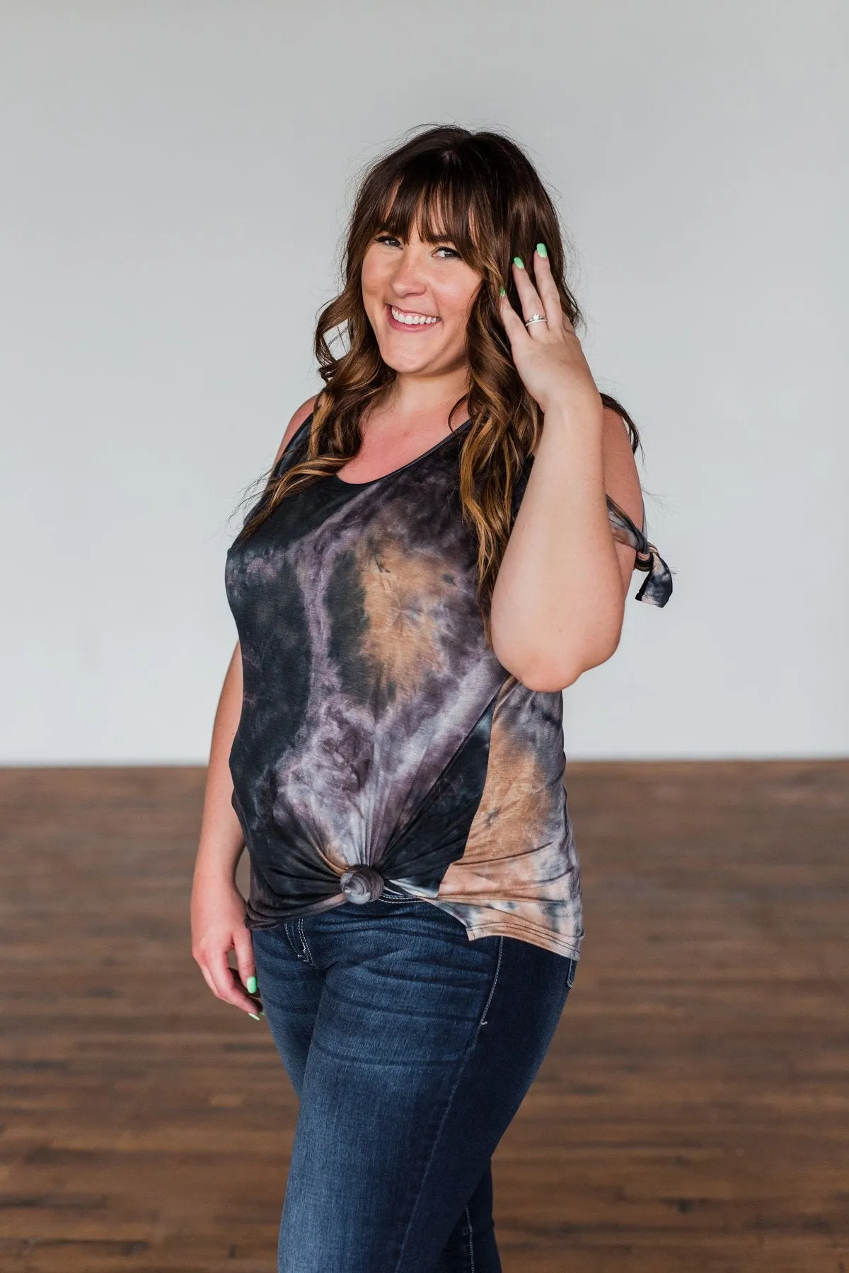 Thrill Of It Cold Shoulder Tie Dye Top- Navy & Brown