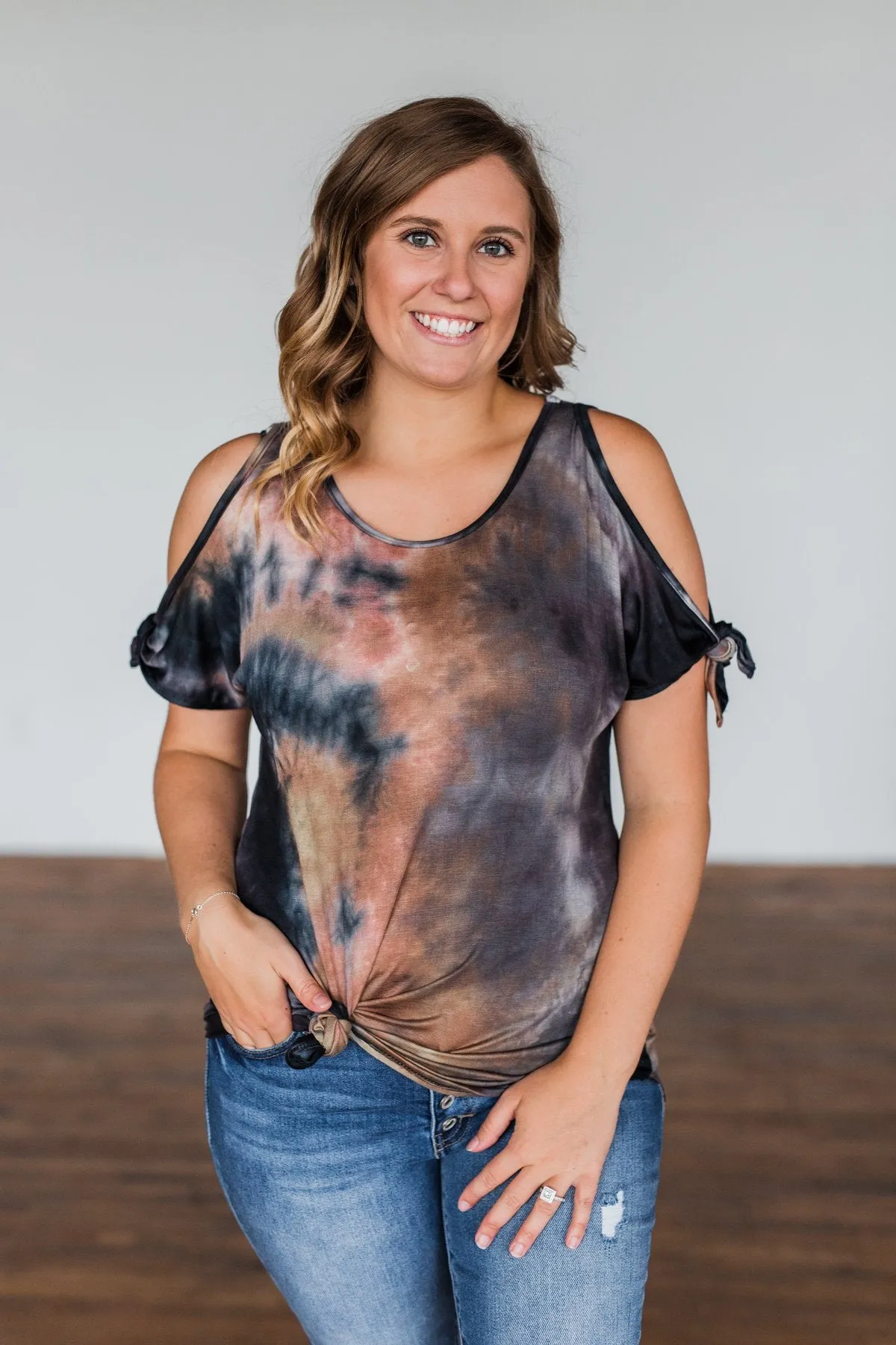 Thrill Of It Cold Shoulder Tie Dye Top- Navy & Brown