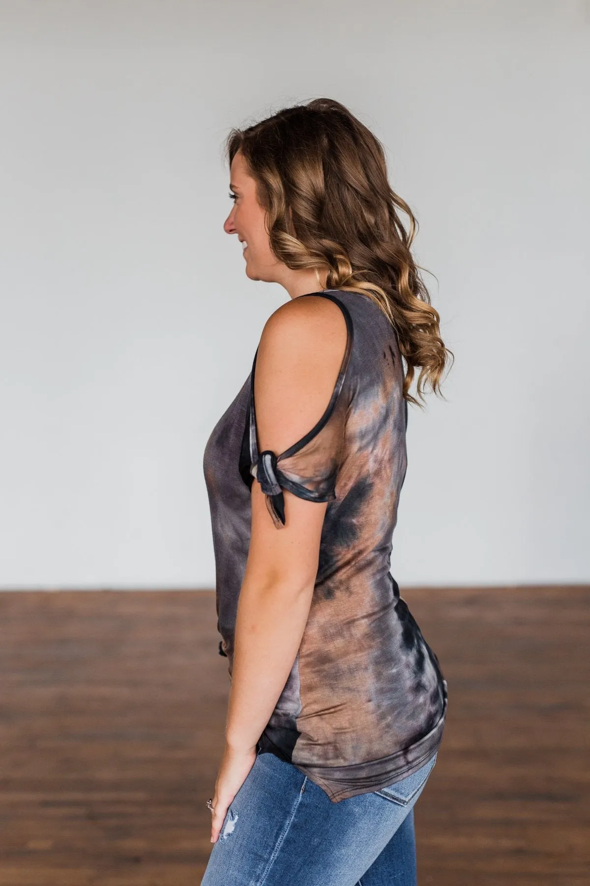 Thrill Of It Cold Shoulder Tie Dye Top- Navy & Brown