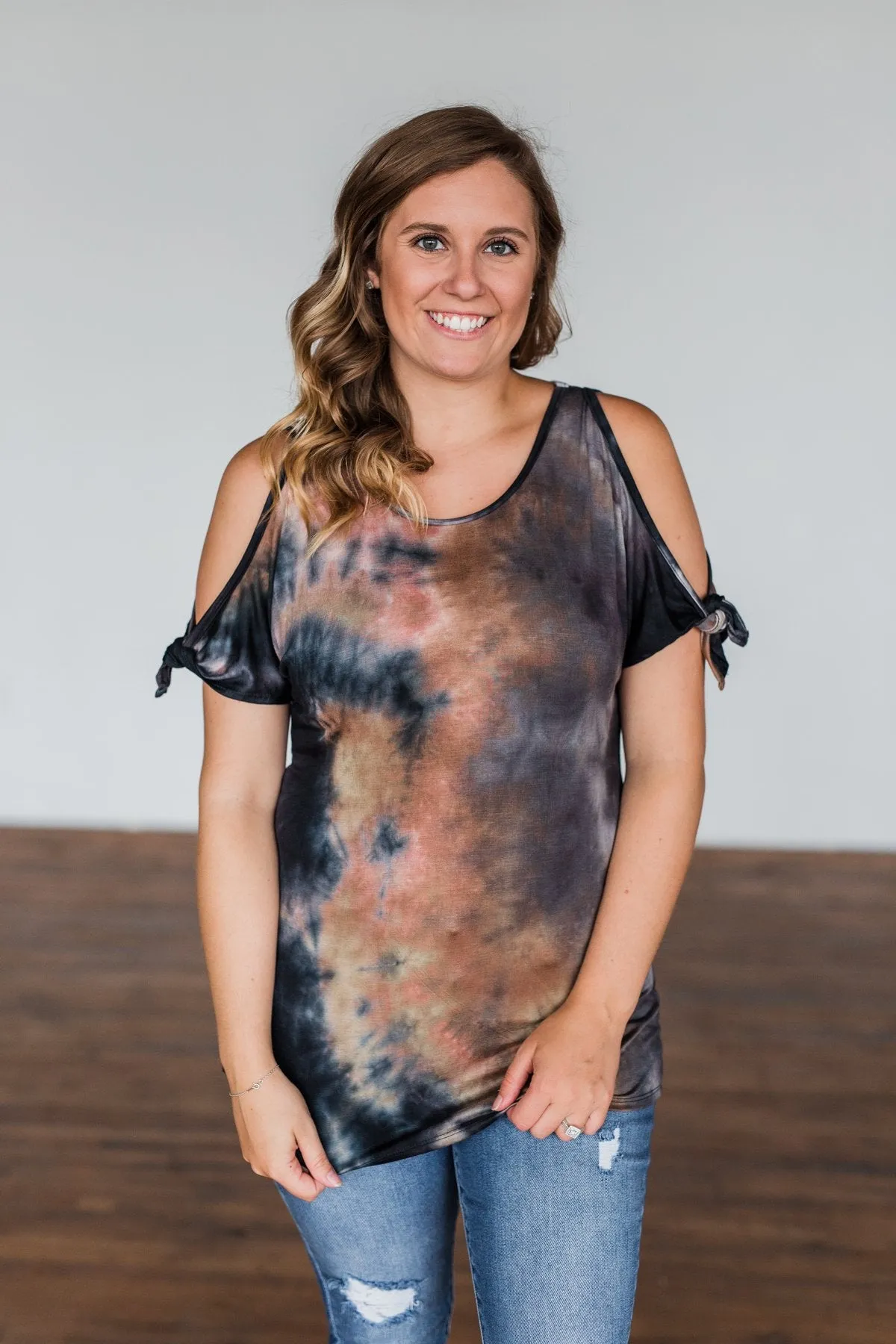 Thrill Of It Cold Shoulder Tie Dye Top- Navy & Brown