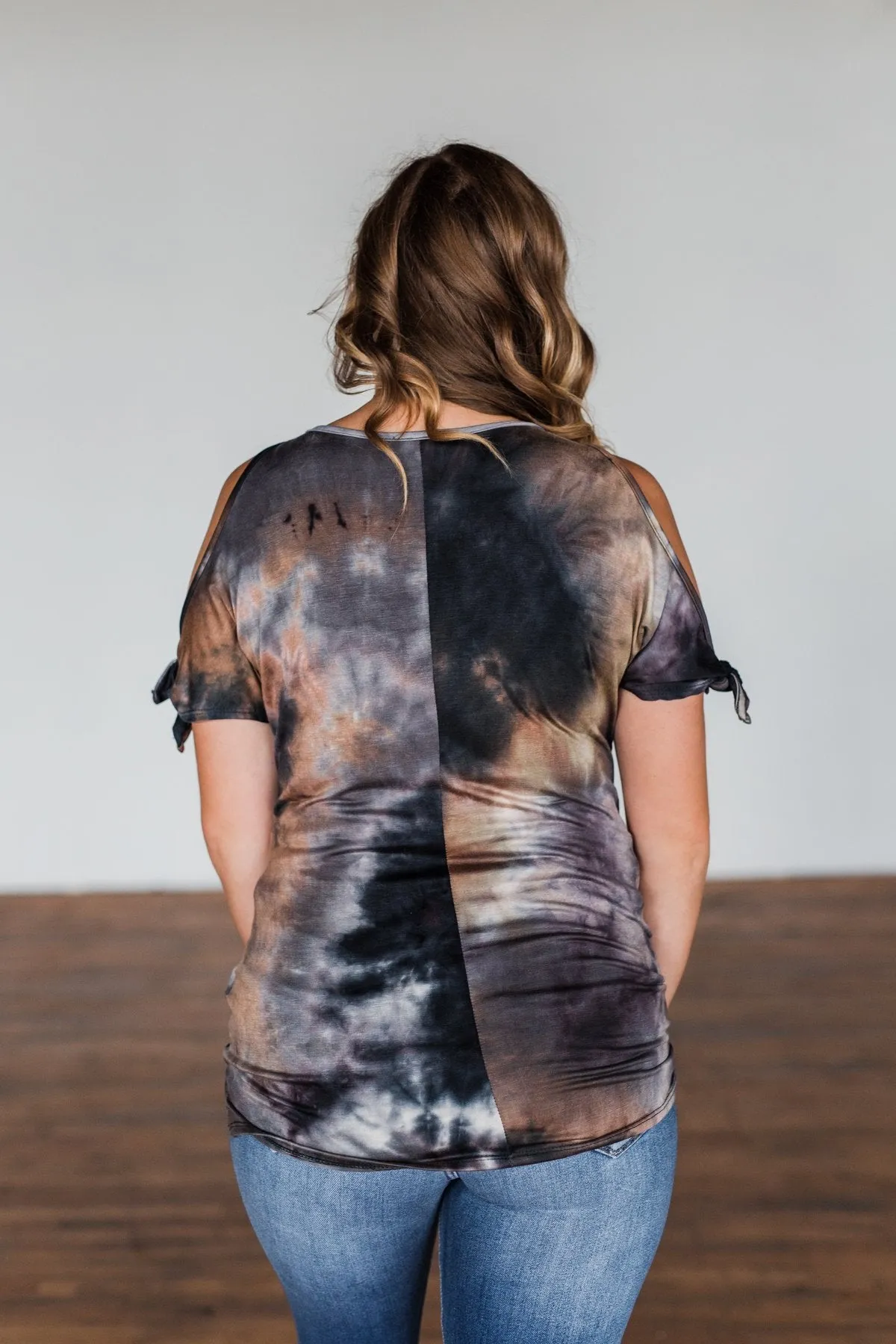Thrill Of It Cold Shoulder Tie Dye Top- Navy & Brown