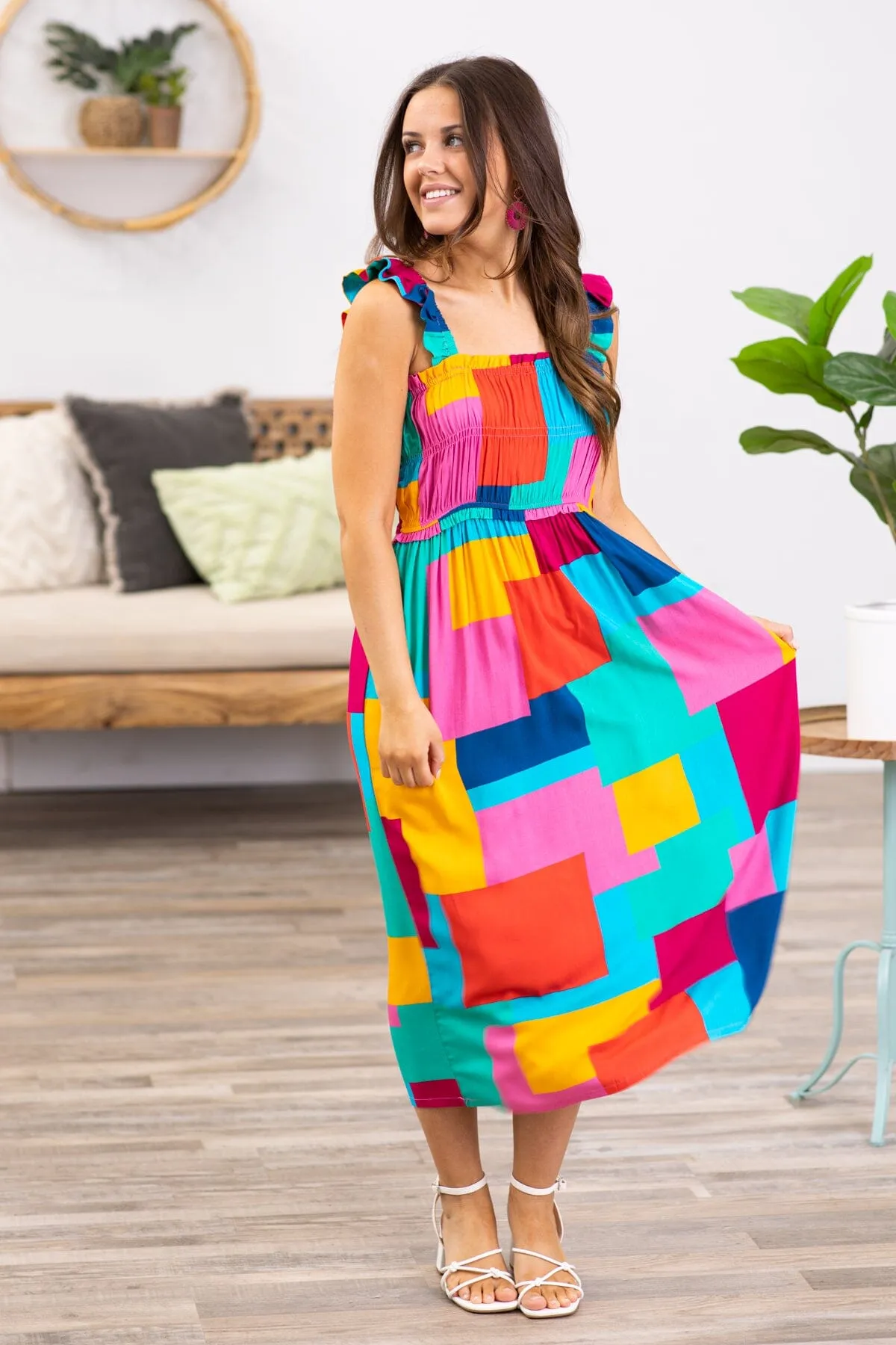Turquoise Multicolor Patchwork Print Dress