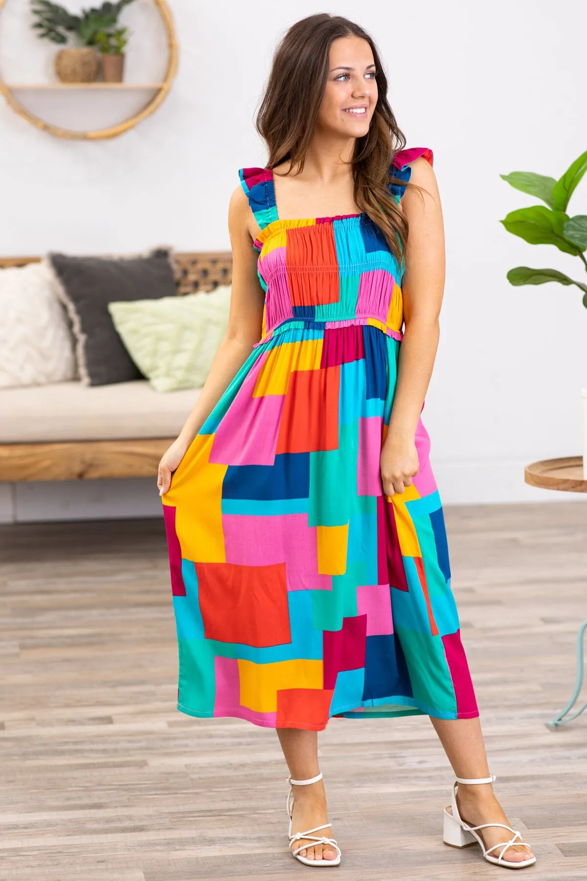 Turquoise Multicolor Patchwork Print Dress