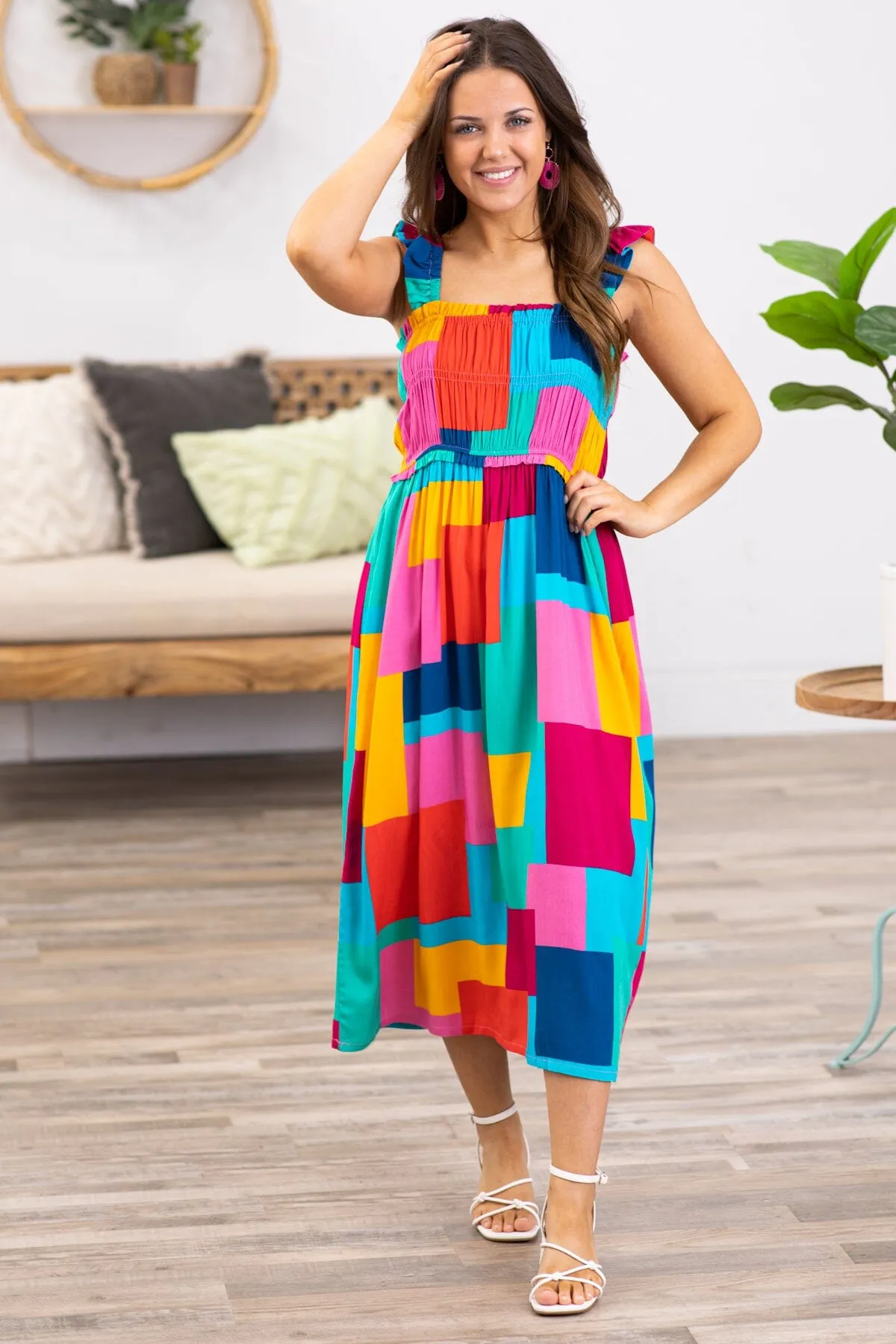 Turquoise Multicolor Patchwork Print Dress