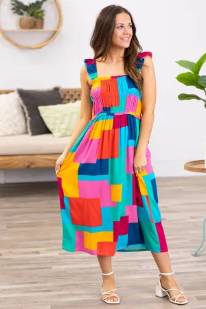 Turquoise Multicolor Patchwork Print Dress