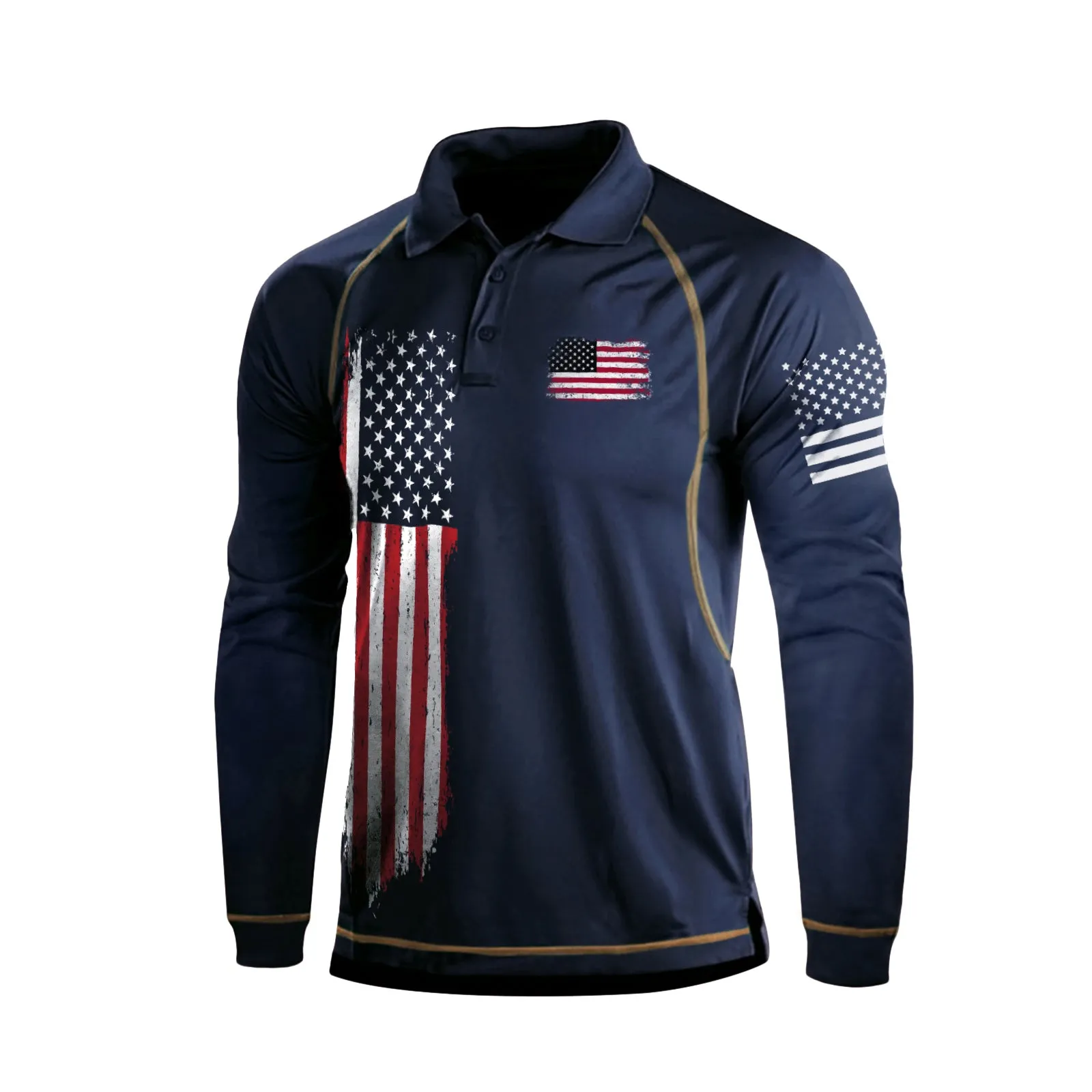 USA FLAG GRAPHIC RAGLAN LONG SLEEVE POLO SHIRT