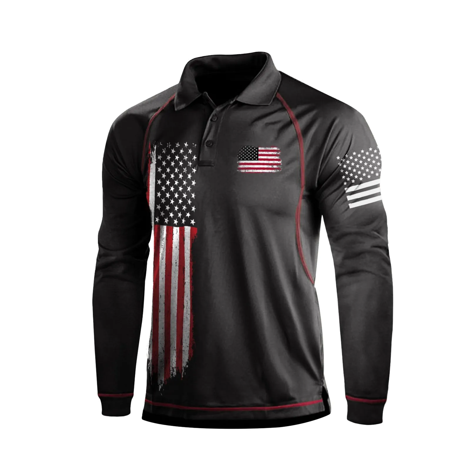 USA FLAG GRAPHIC RAGLAN LONG SLEEVE POLO SHIRT