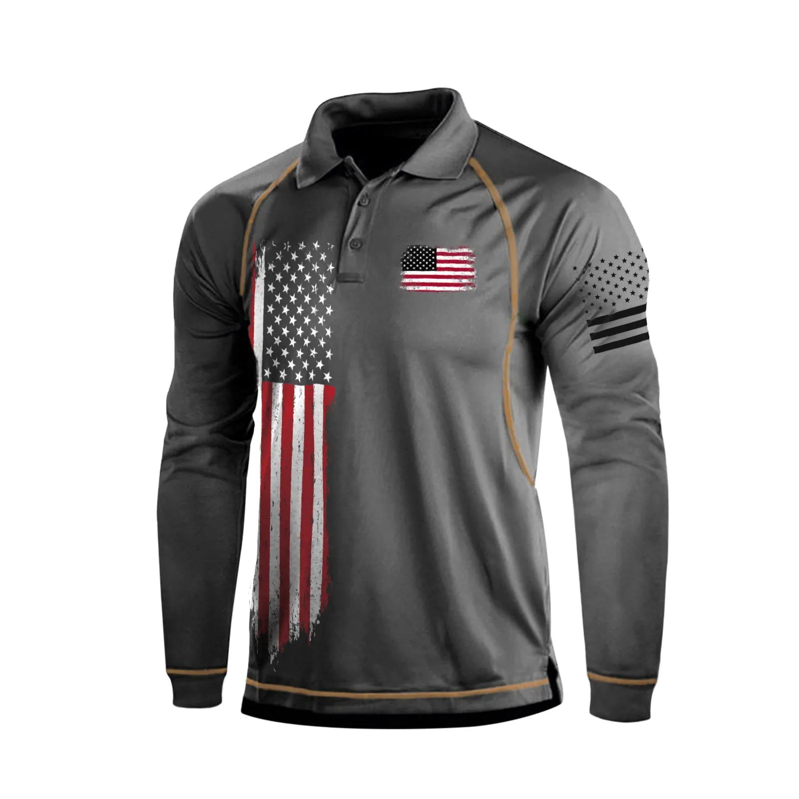 USA FLAG GRAPHIC RAGLAN LONG SLEEVE POLO SHIRT