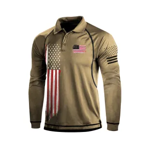 USA FLAG GRAPHIC RAGLAN LONG SLEEVE POLO SHIRT