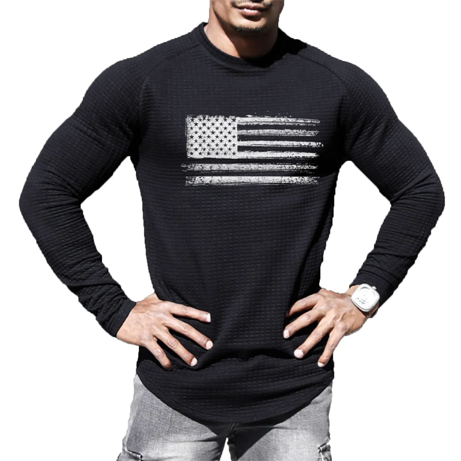 USA FLAG WAFFLE RAGLAN GRAPHIC SWEATSHIRT