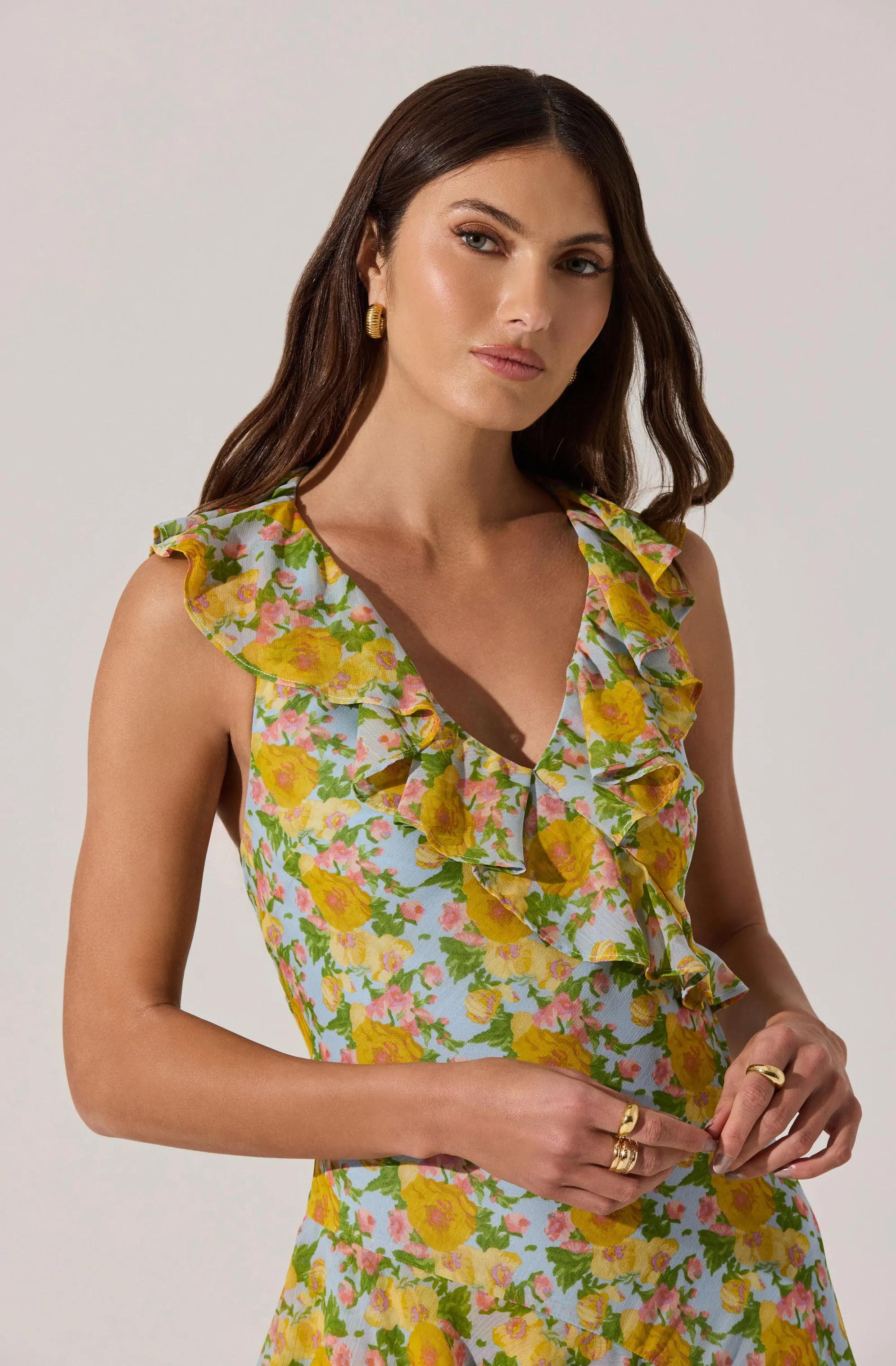V-neck Floral Ruffle Midi Dress