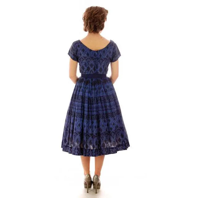 Vintage  Blue Day Dress Wendy Woods Full Skirt 1950s 34-24-Free