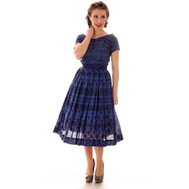 Vintage  Blue Day Dress Wendy Woods Full Skirt 1950s 34-24-Free
