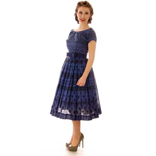 Vintage  Blue Day Dress Wendy Woods Full Skirt 1950s 34-24-Free