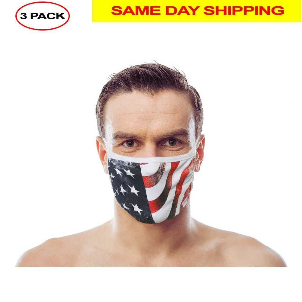 Washable Reusable Face Cover (3 Pack) - Double Layer For Dust Particle & Droplet Protection - Unisex, USA Flag