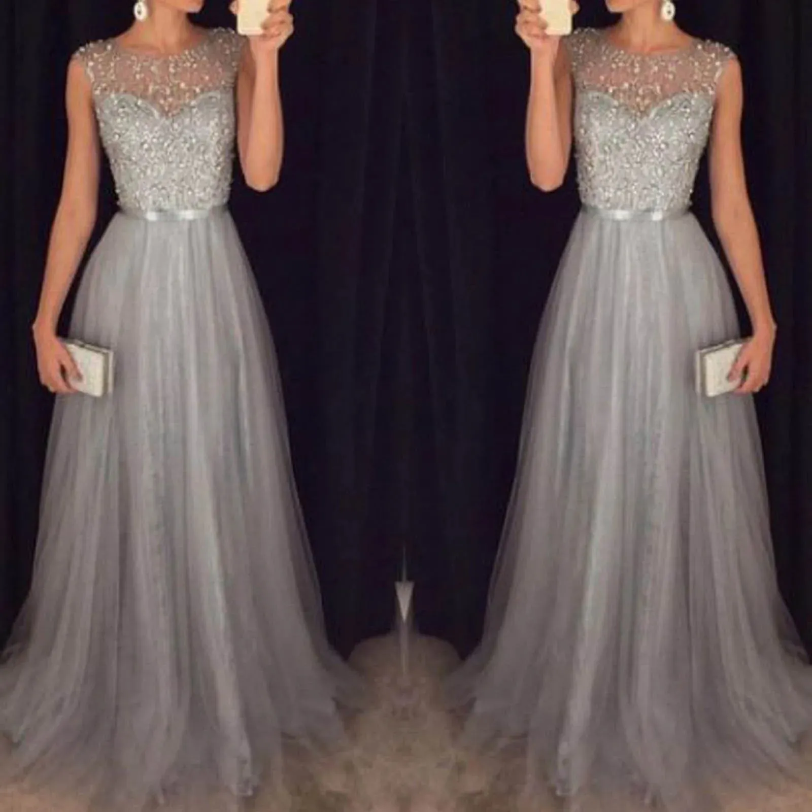 Wedding Guest Dresses For Women Mesh Sequin Formal Long Dress Sleeveless Prom Party Dresses Cocktail Bridesmaid Evening Gown
