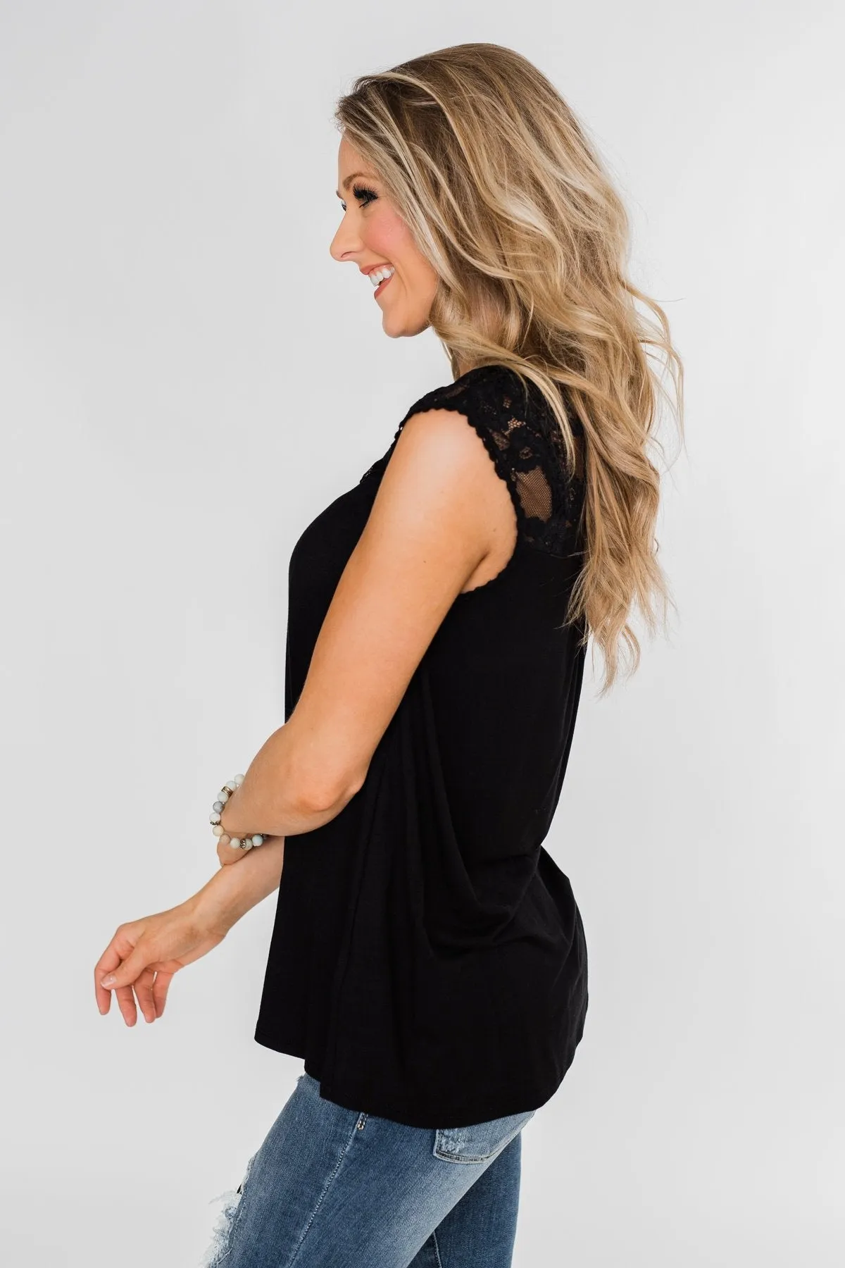 Won't Let You Go Lace Detail Top- Black