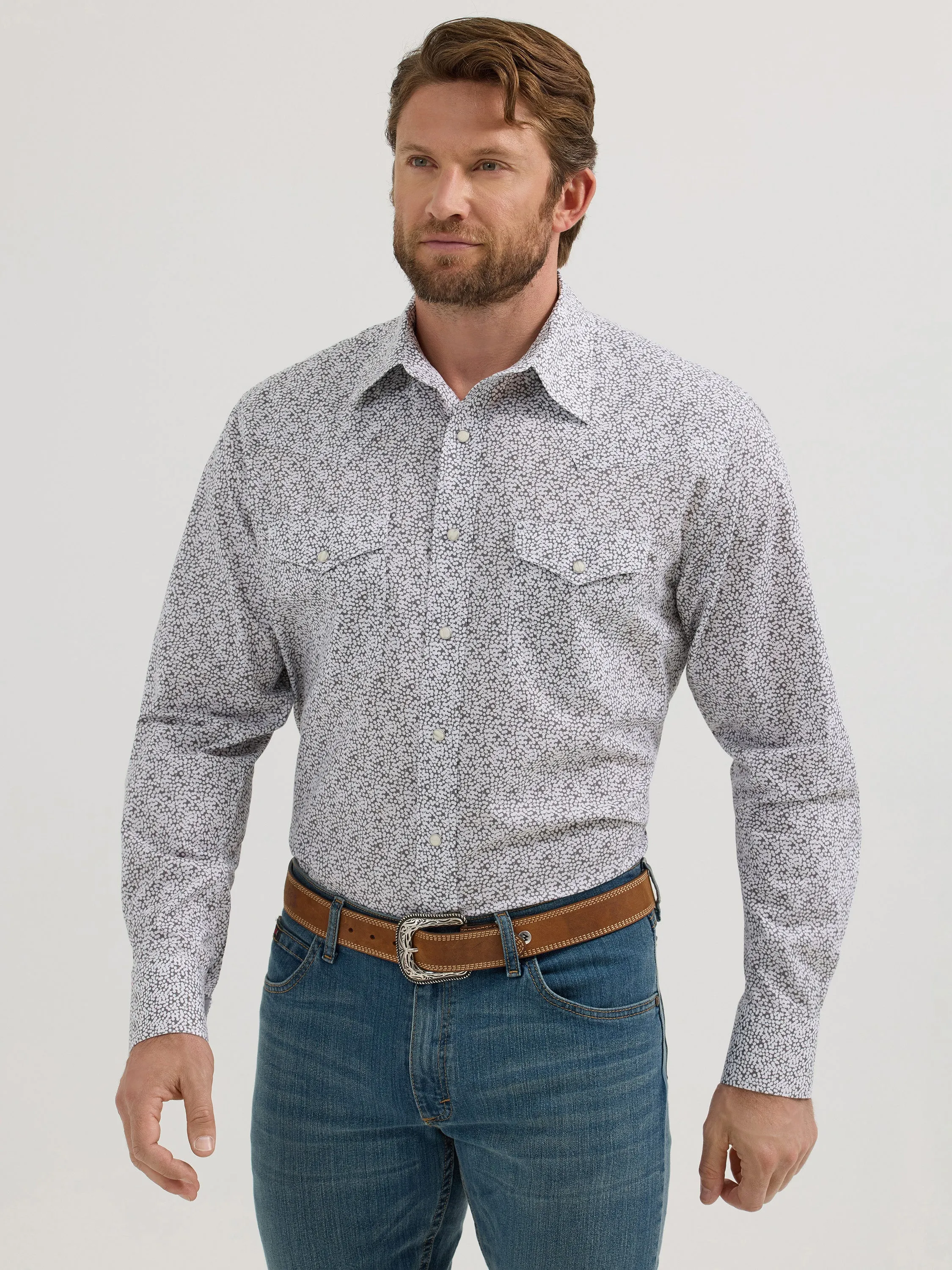 Wrangler 20X Men's Competition Advanced Comfort Long Sleeve Snap Print Shirt in Grey White