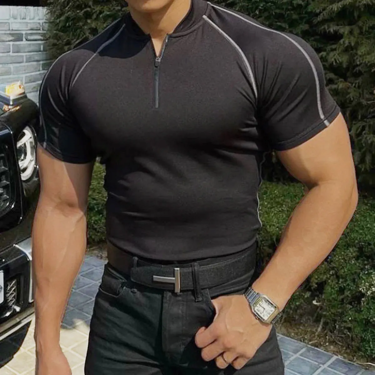 ZIPPER MONK COLLAR RAGLAN POLO SHIRT
